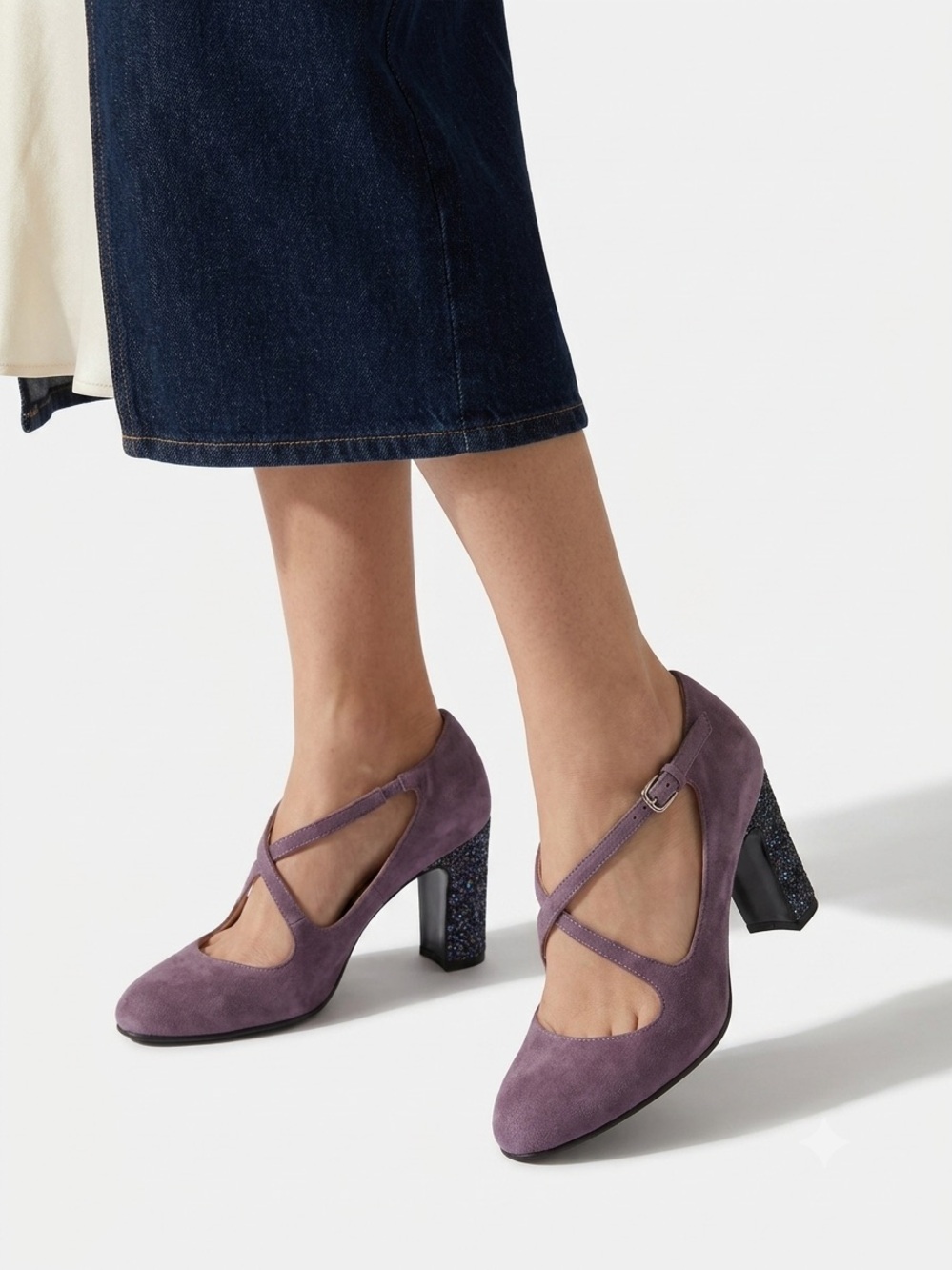 Festa Made in Italy Purple Suede Heels Glitter Block Heel Ankle Strap Size 36 EU
